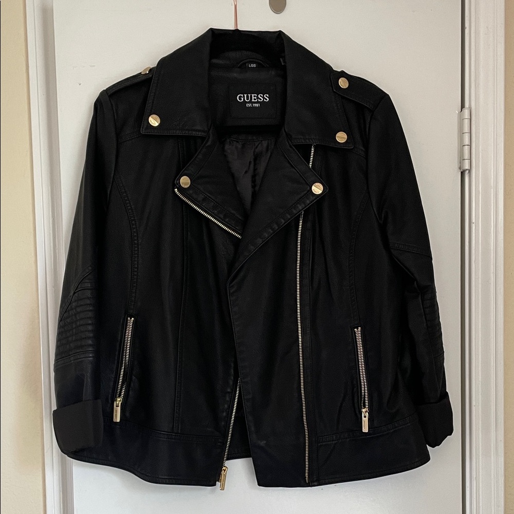 Guess Black Faux Leather Jacket with Gold Accents